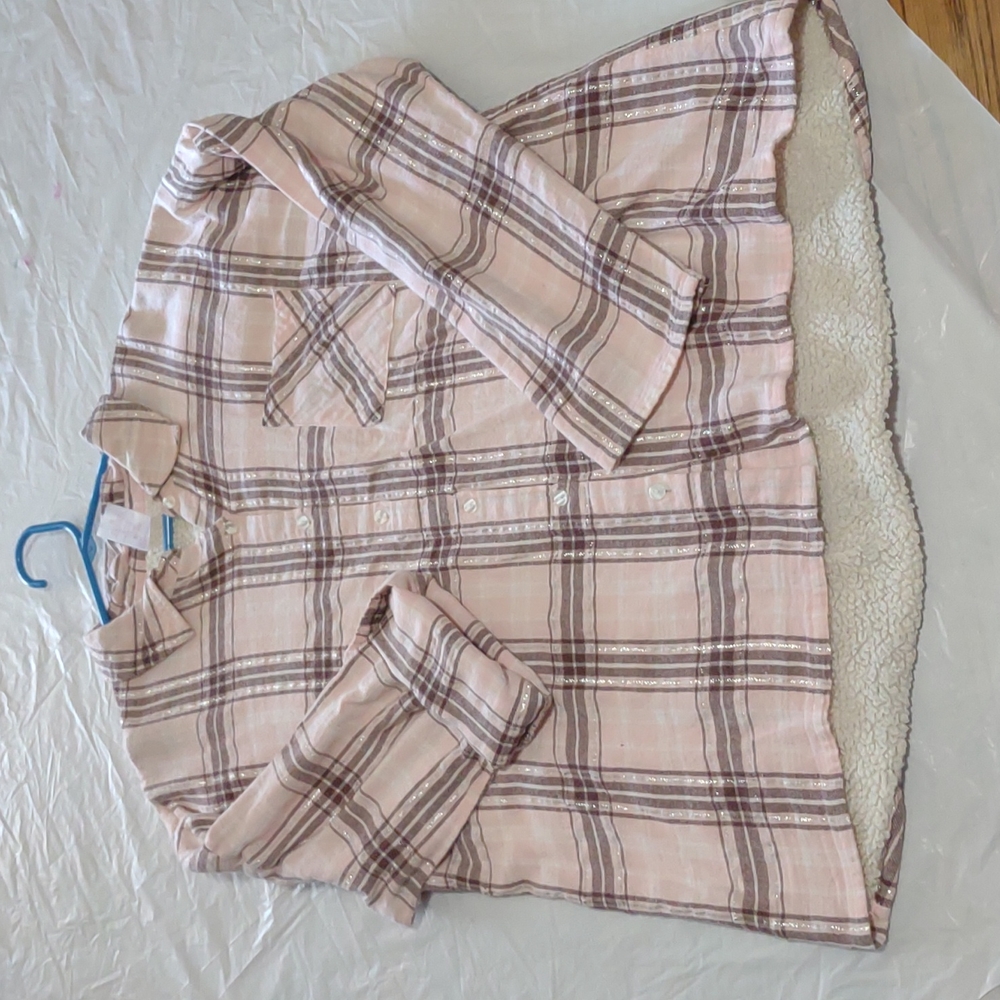 XXL Pink, brown, silver and white plaid button up with fleece lined backing.